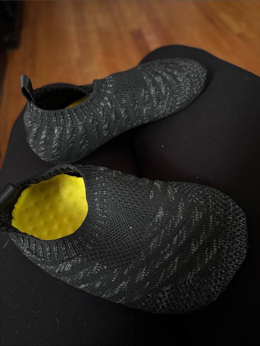 Kids Slip-On Knit Sneakers in Charcoal black with Yellow Insole
